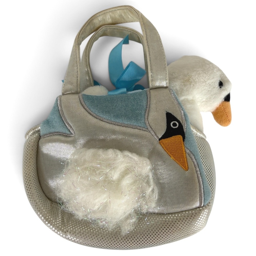 Aurora Fancy Pals Plush Swan Purse Carrier Silver Blue White Small Childs